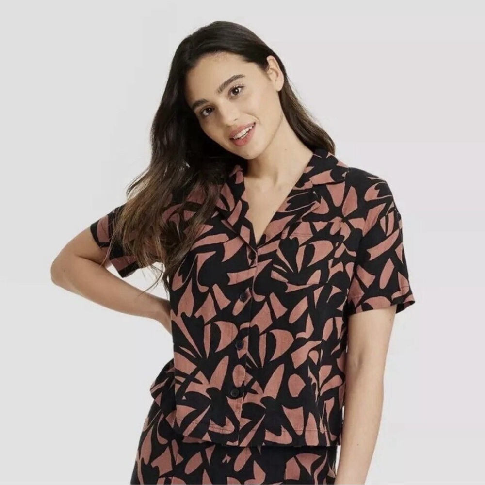🆕️a new day Black and Brown Button Down Shirt NWT Tropical Abstract